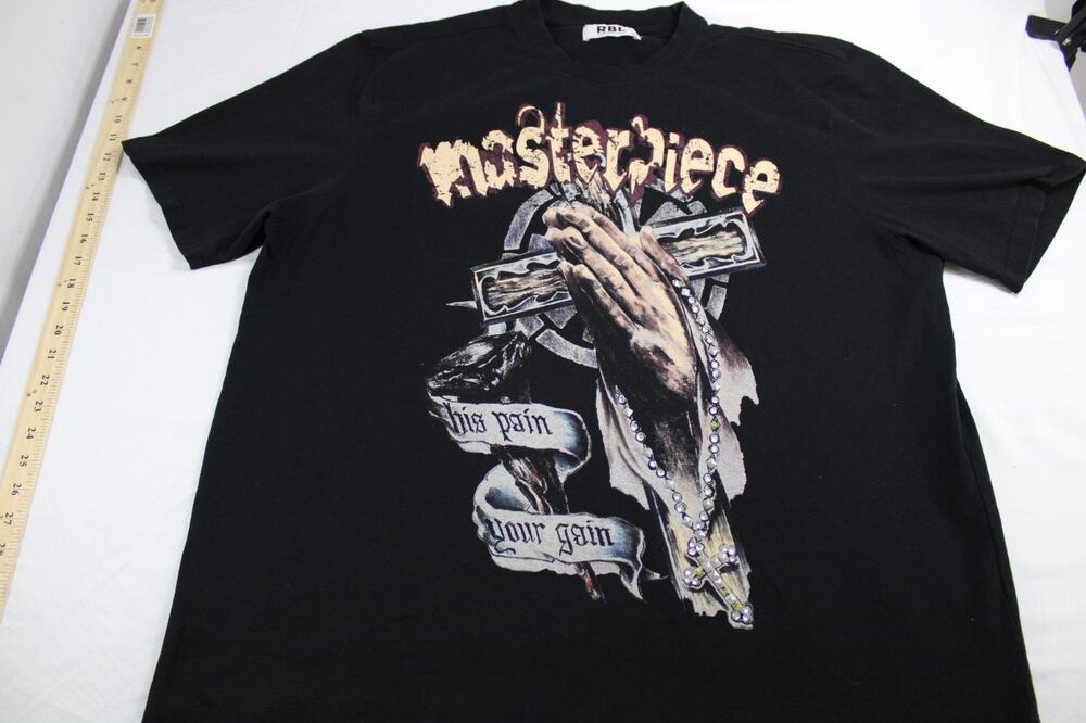 Rebel Minds Men 3XL Masterpiece Prayer T-Shirt Cotton Blend Black Rhinestone Y2K